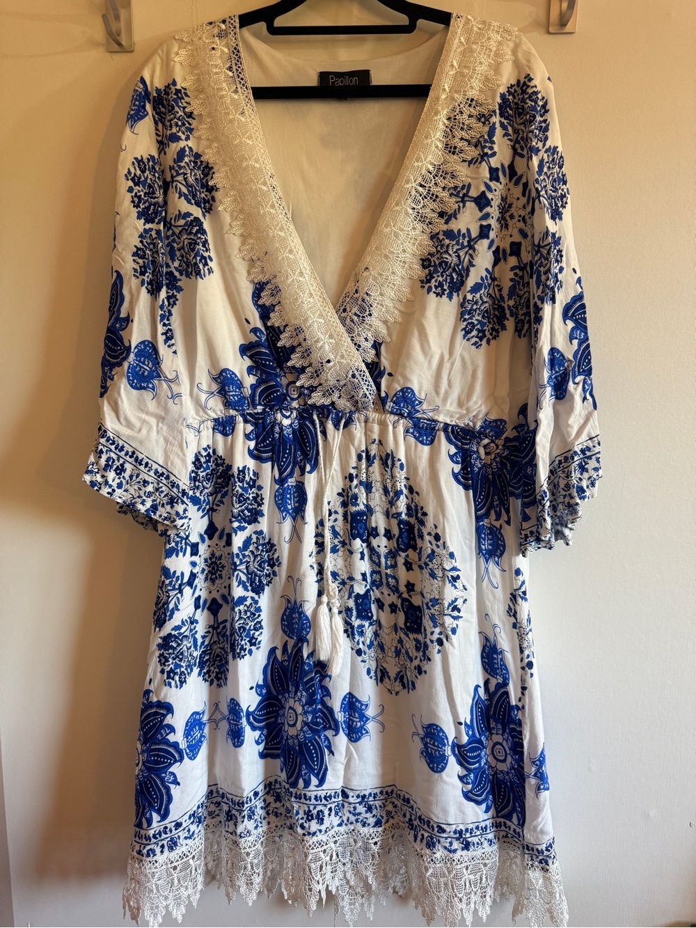 Papillon XXL Blue White Floral Lace Boho Tunic Dress V Neck 2X